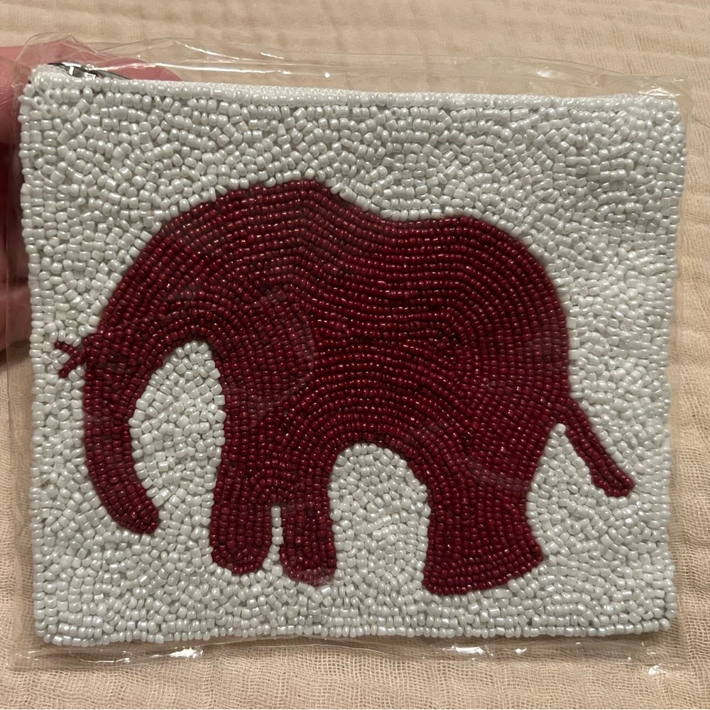 Beaded Elephant Pouch in Red and White